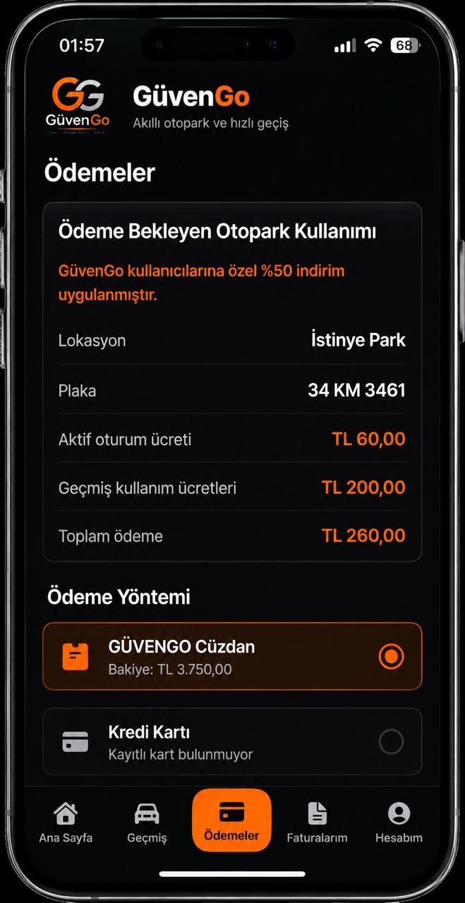 iPhone üzerinde GüvenGo mobil ödeme ekranı